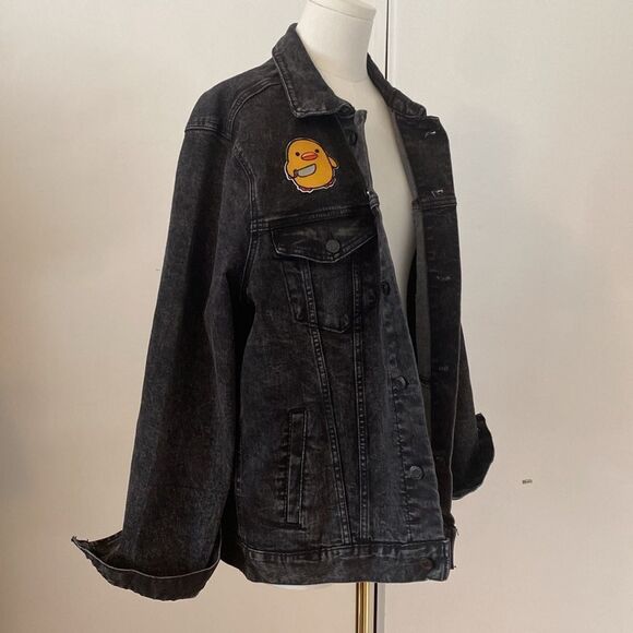 Embellished Black Oversized Denim Jacket Size L - Picture 6 of 11